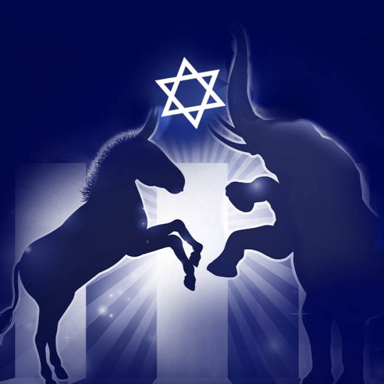 Graphic of a donkey and an elephant holding a star of David