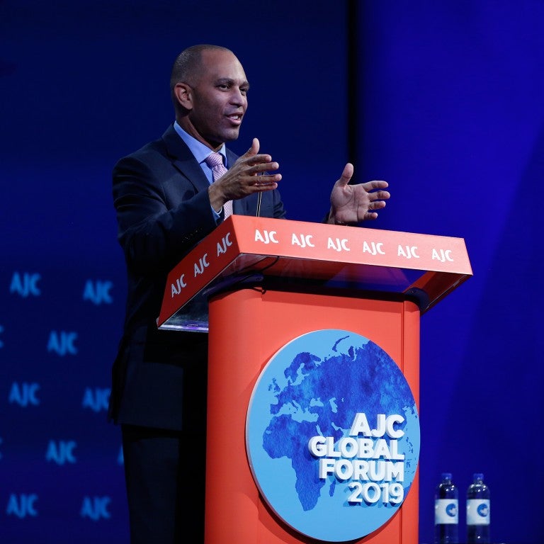 Photo of House Democratic Caucus Chair Hakeem Jeffries addressing AJC Global Forum 2019