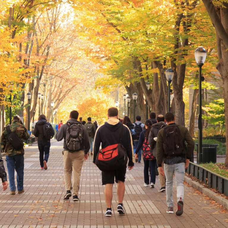 Photo of students on a college campus in the fall